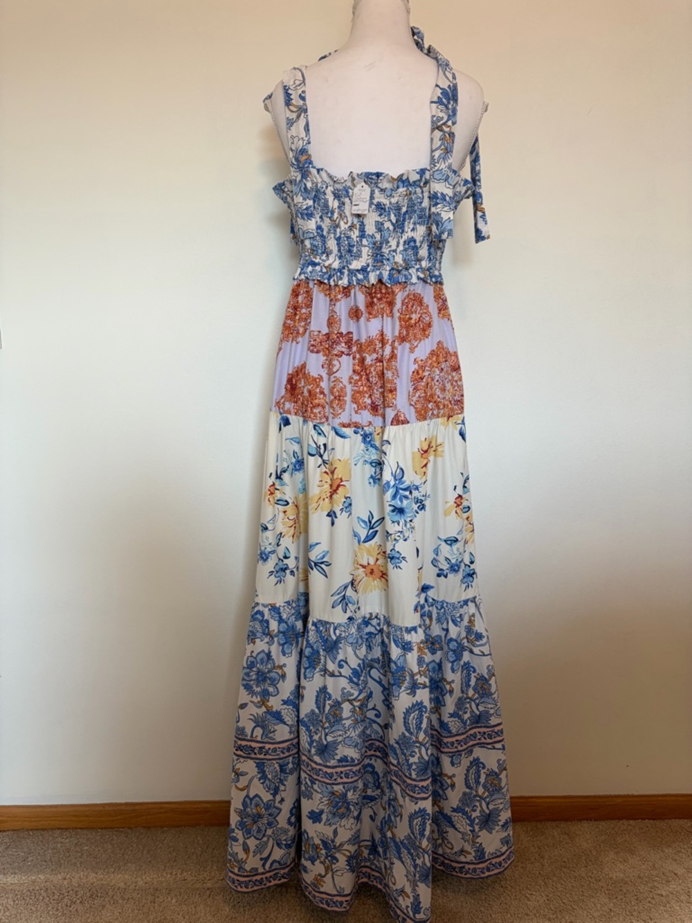 #548 Blue & Cream Mixed-Print Tiered Maxi Dress with Tie Straps - Picture 5 of 6